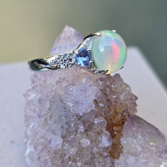Ethiopian Opal ✦ Tanzanite Aurora Grove Ring ✦ 2.00ctw Rhodium Over Sterling 6 - Picture 6 of 16